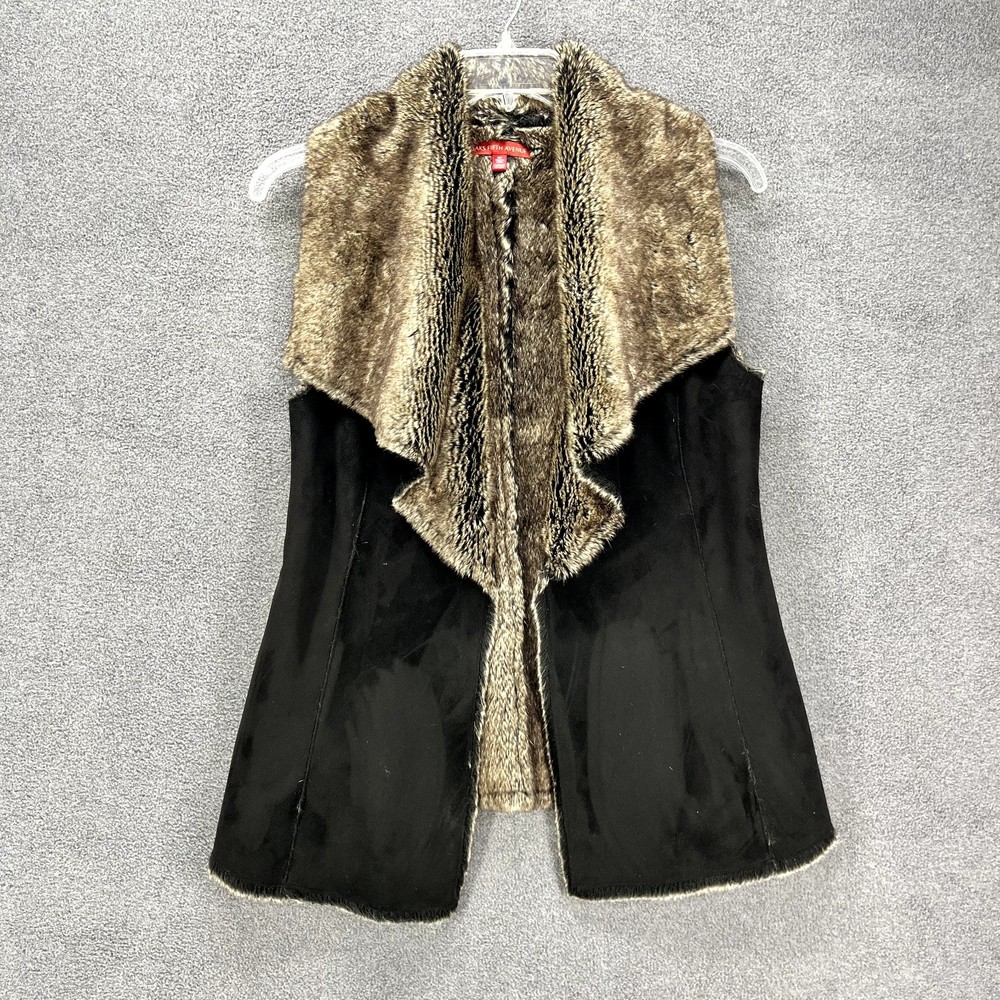 Saks Fifth Avenue Vest Womens Size S/P Black Brown Open Front Faux Fur‎ Suede